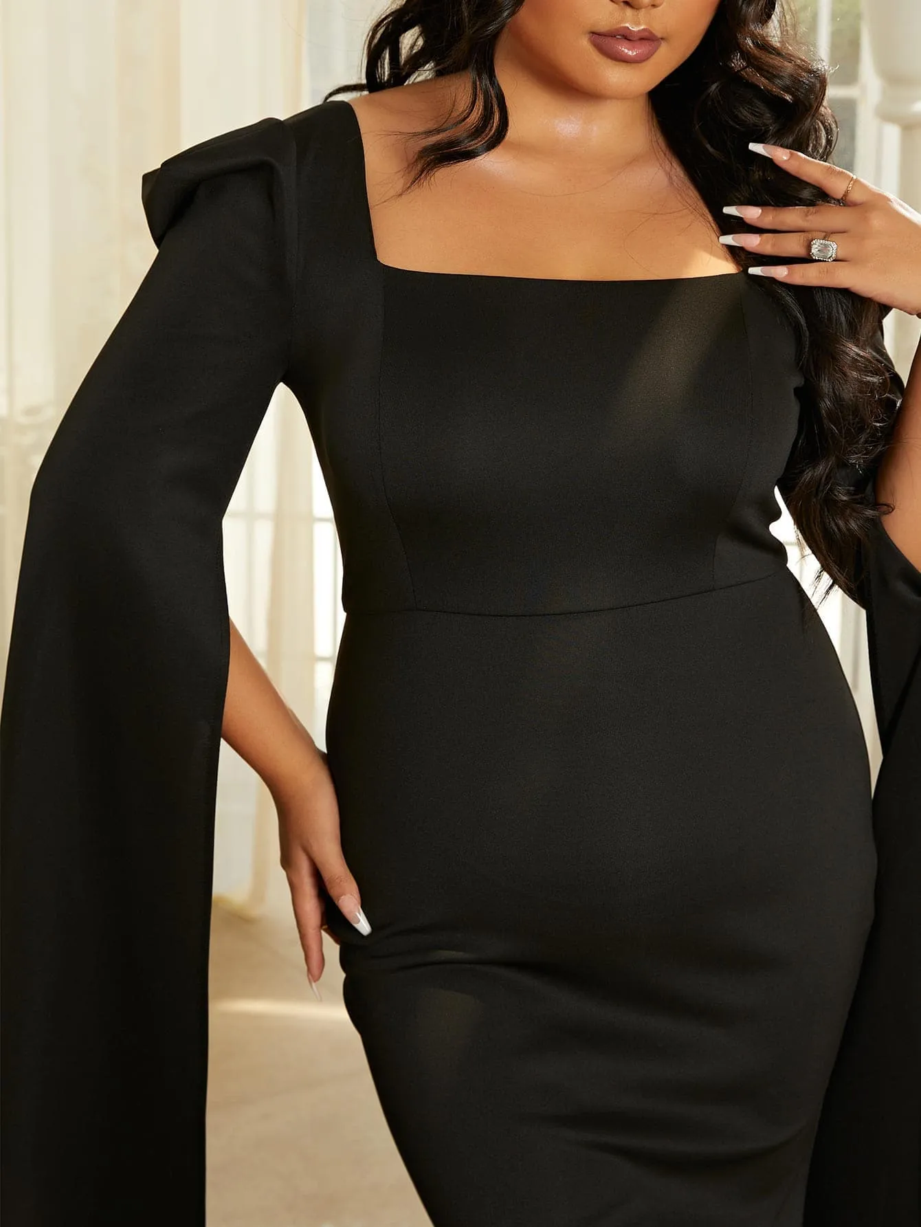Formal Square Neck Long Sleeve Black Prom Dress XJ878