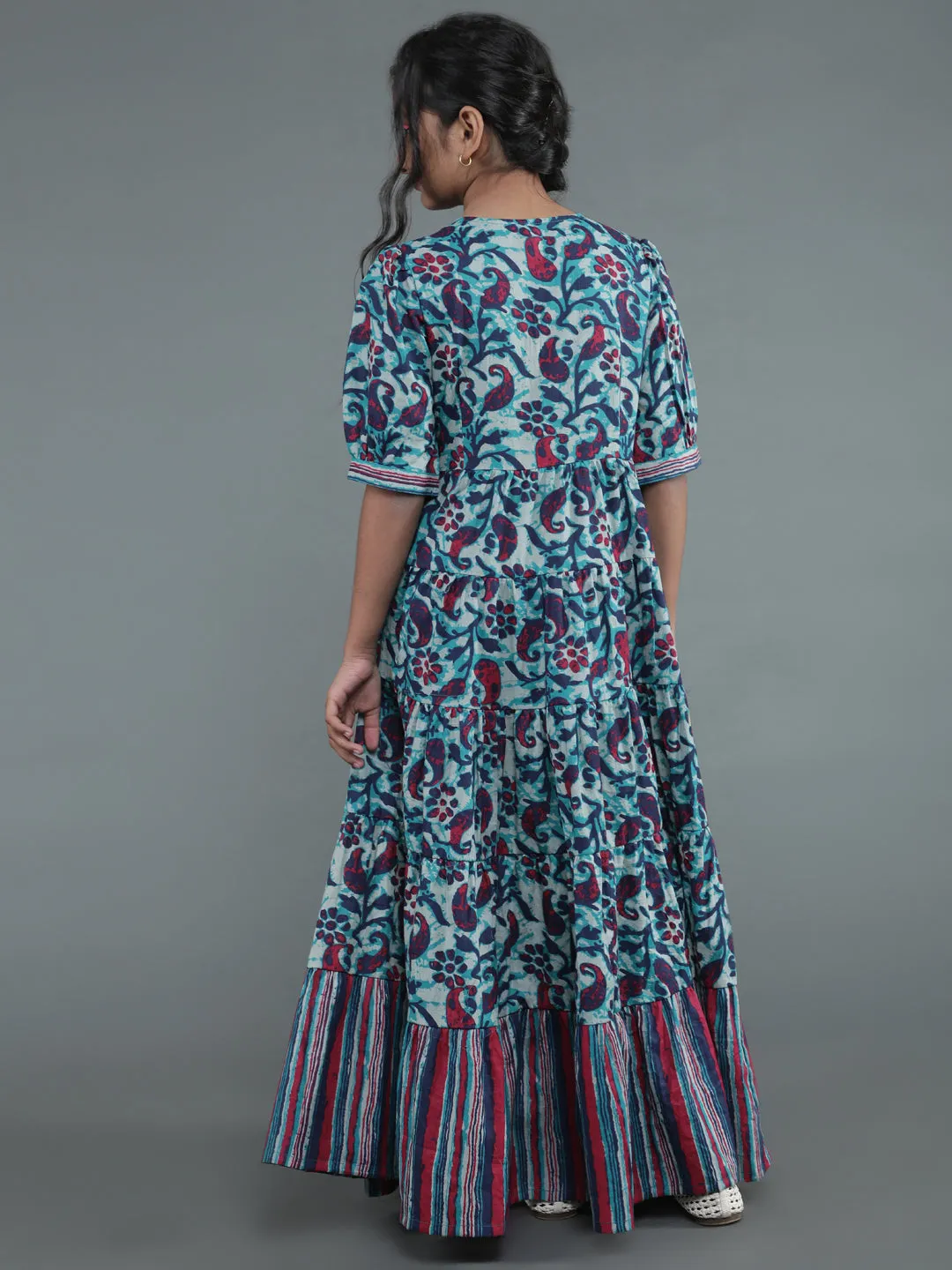 Girl's Blue Floral Print Tiered Maxi Dress - Aks Girls