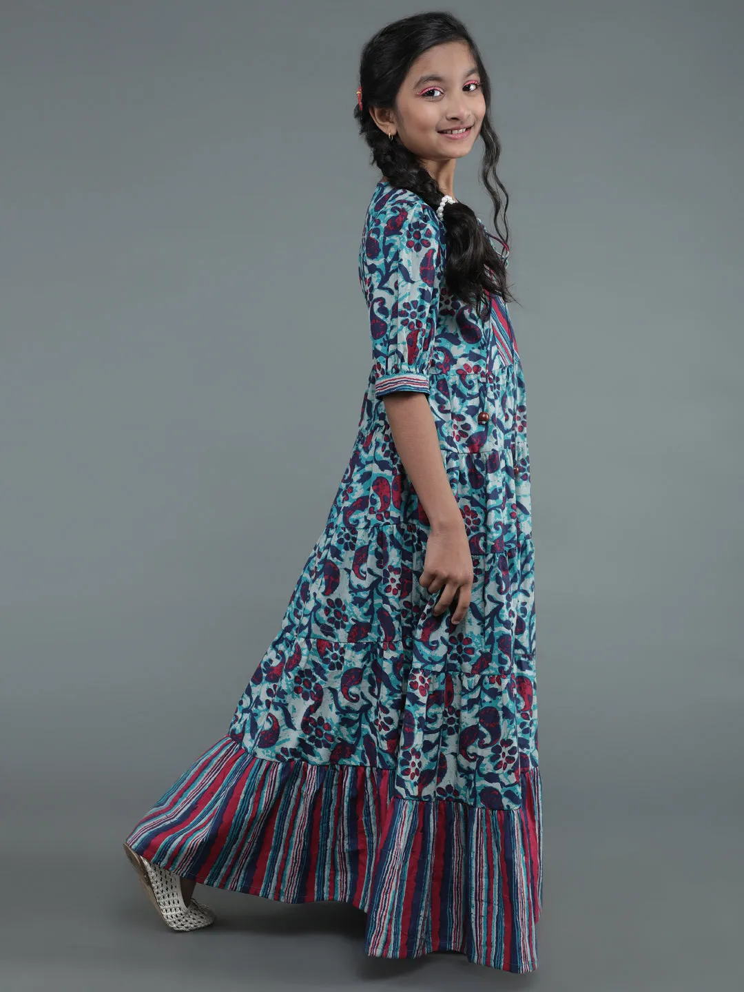 Girl's Blue Floral Print Tiered Maxi Dress - Aks Girls