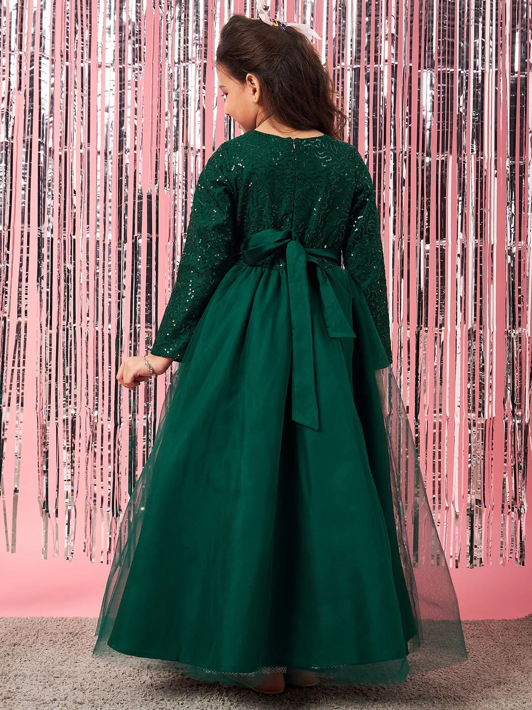 Girls Embellished Sequinned Fit Flare Lace Maxi Dress