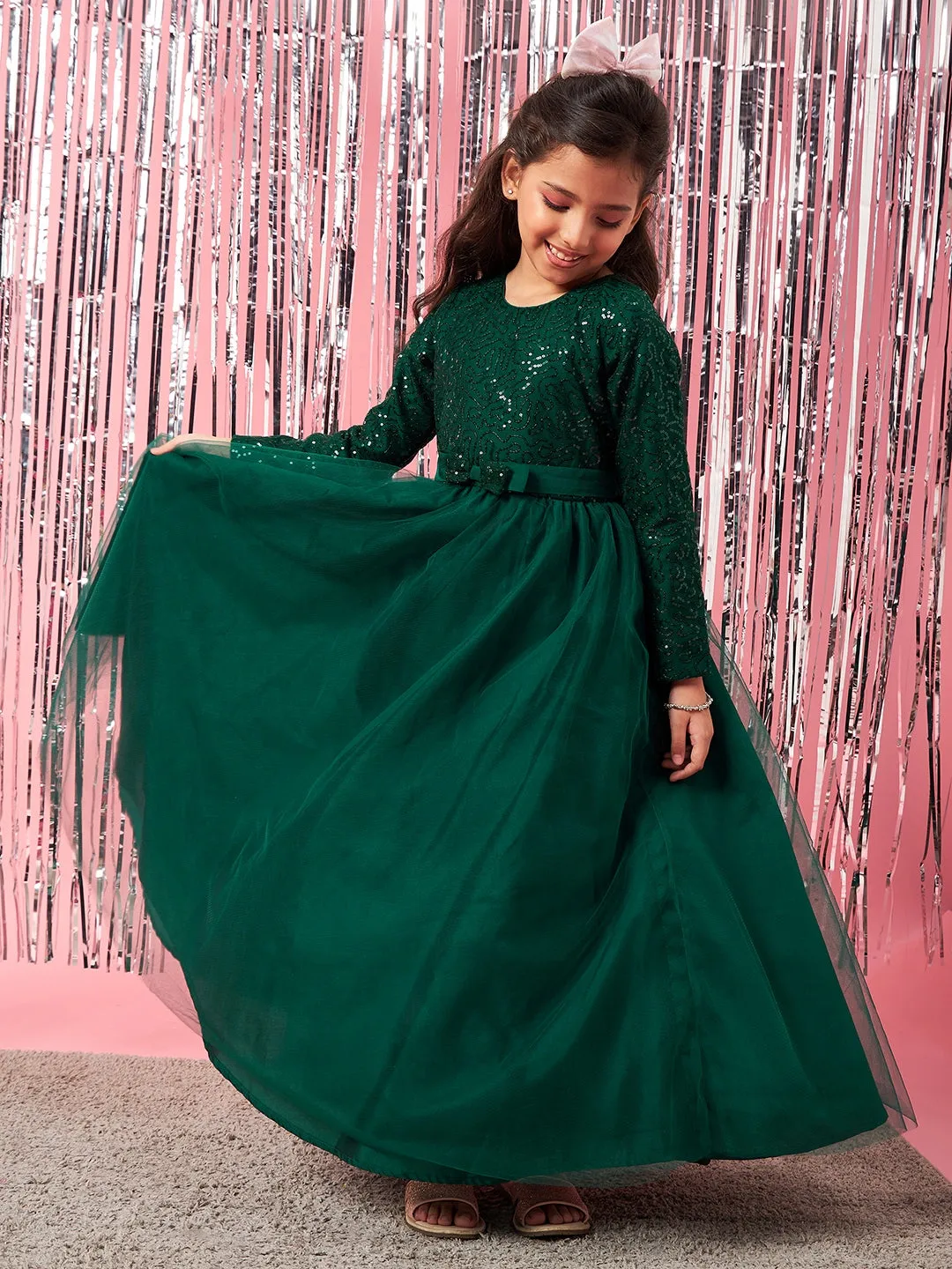 Girls Embellished Sequinned Fit Flare Lace Maxi Dress