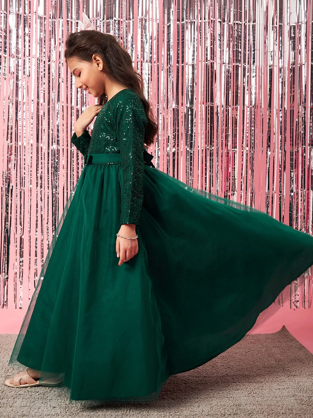 Girls Embellished Sequinned Fit Flare Lace Maxi Dress