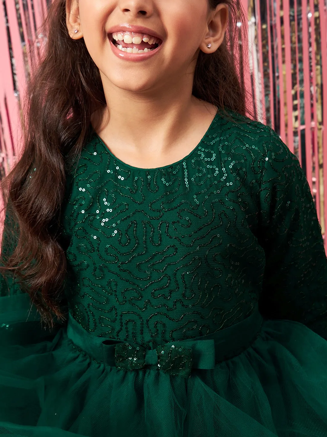 Girls Embellished Sequinned Fit Flare Lace Maxi Dress