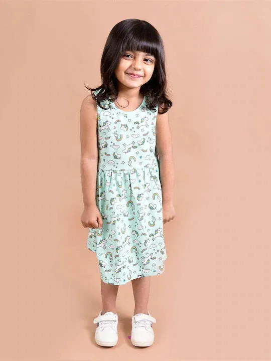 Girls Green White Unicorn Printed Dress - Ps Peaches