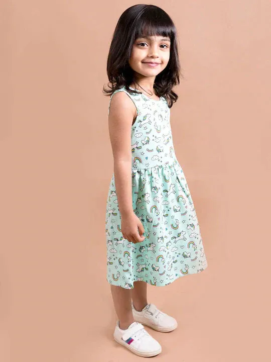 Girls Green White Unicorn Printed Dress - Ps Peaches