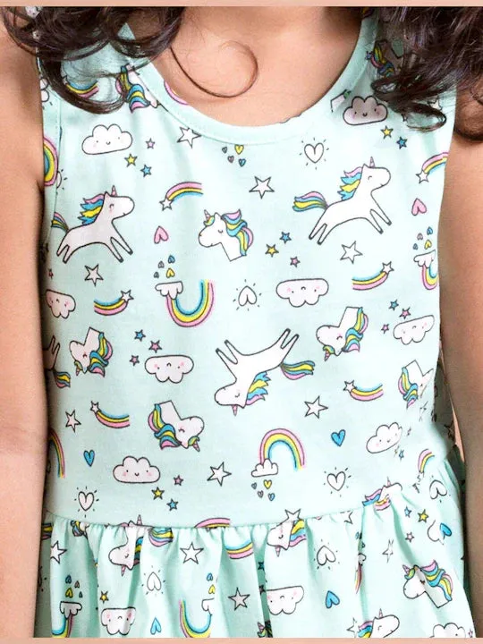 Girls Green White Unicorn Printed Dress - Ps Peaches
