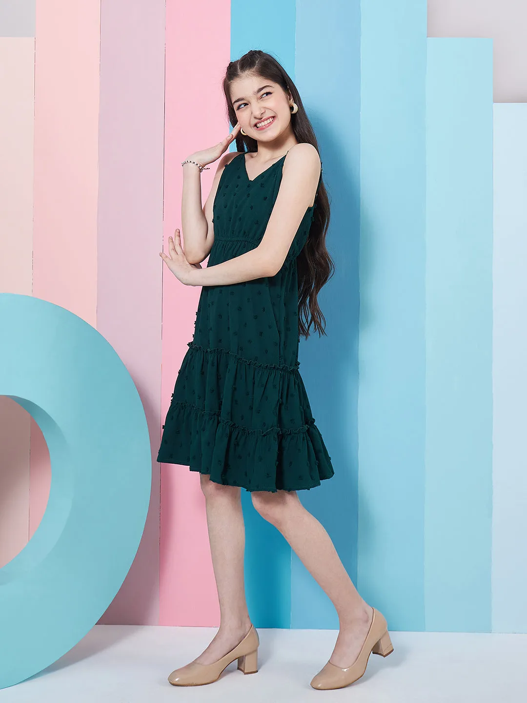 Girls Self Design Shoulder Strap Georgette Fit Flare Dress - PS Peaches