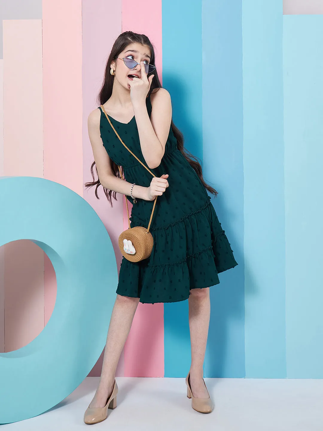 Girls Self Design Shoulder Strap Georgette Fit Flare Dress - PS Peaches