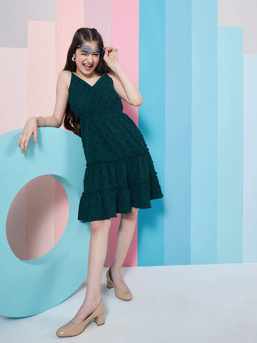 Girls Self Design Shoulder Strap Georgette Fit Flare Dress - PS Peaches