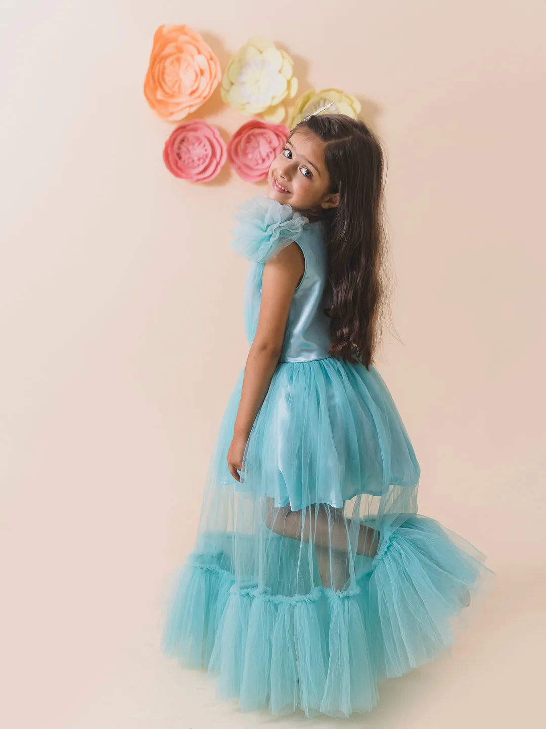 Girls Turquoise Blue Net Party Maxi Dress