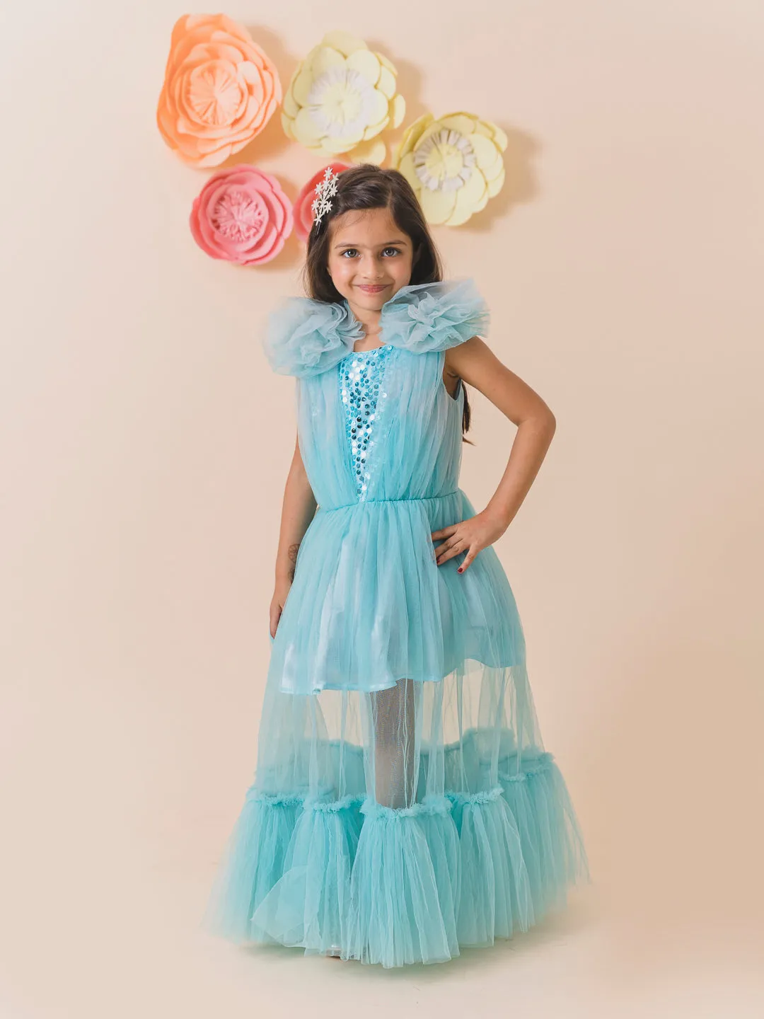 Girls Turquoise Blue Net Party Maxi Dress