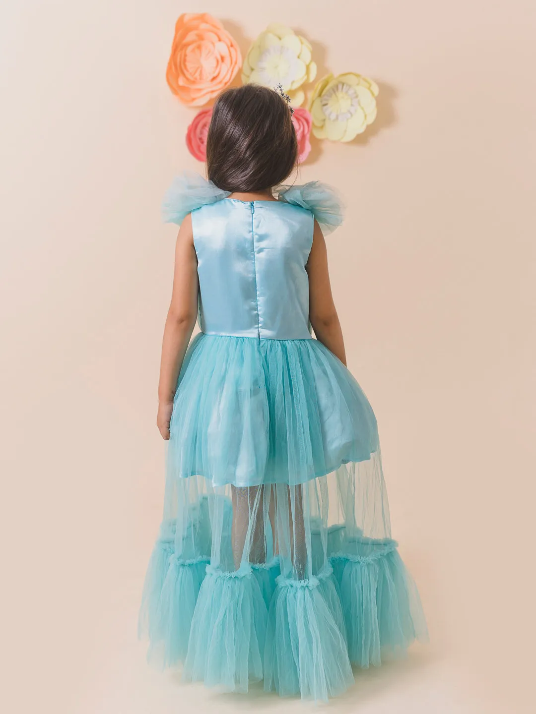 Girls Turquoise Blue Net Party Maxi Dress