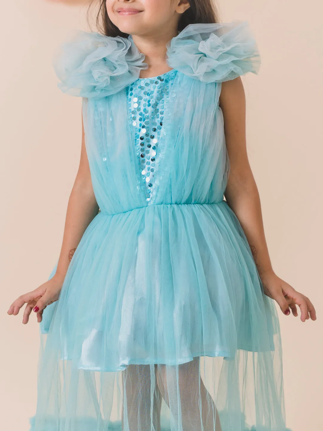Girls Turquoise Blue Net Party Maxi Dress