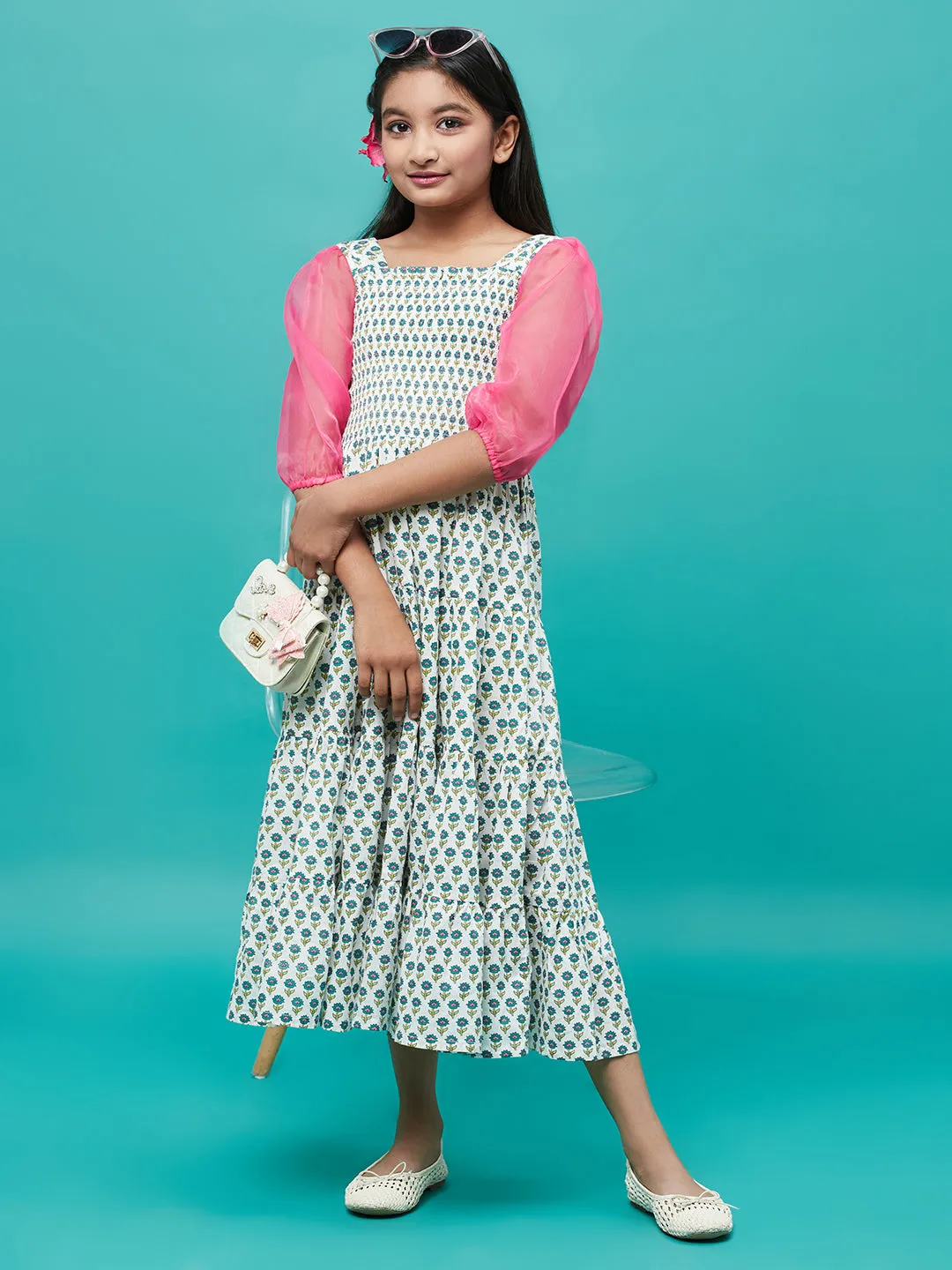 Girl's White Floral Print Tiered Maxi Dress - Aks Girls