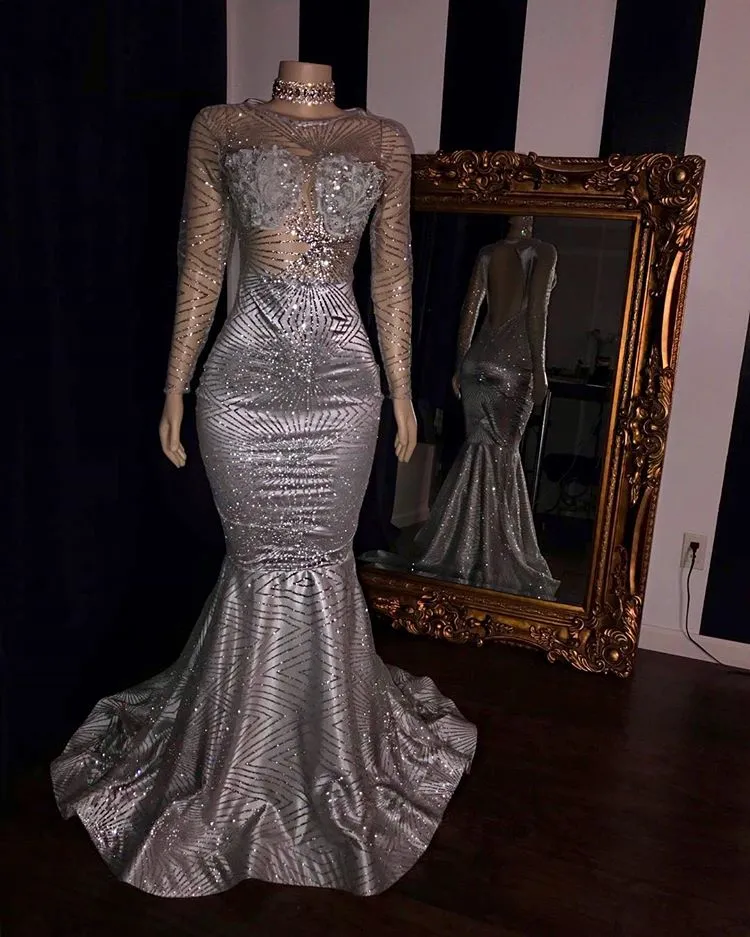 Glittering Long Sleeve Silver Prom Dress | Mermaid Sequins Long Evening Gowns BC1468