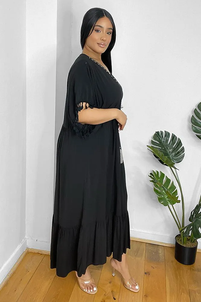 Gold Braid Trim And Tassel Cotton Blend Summer Dress