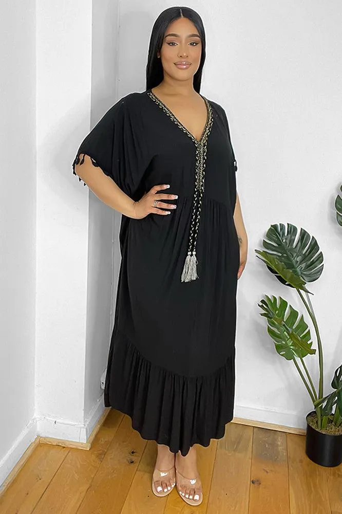 Gold Braid Trim And Tassel Cotton Blend Summer Dress