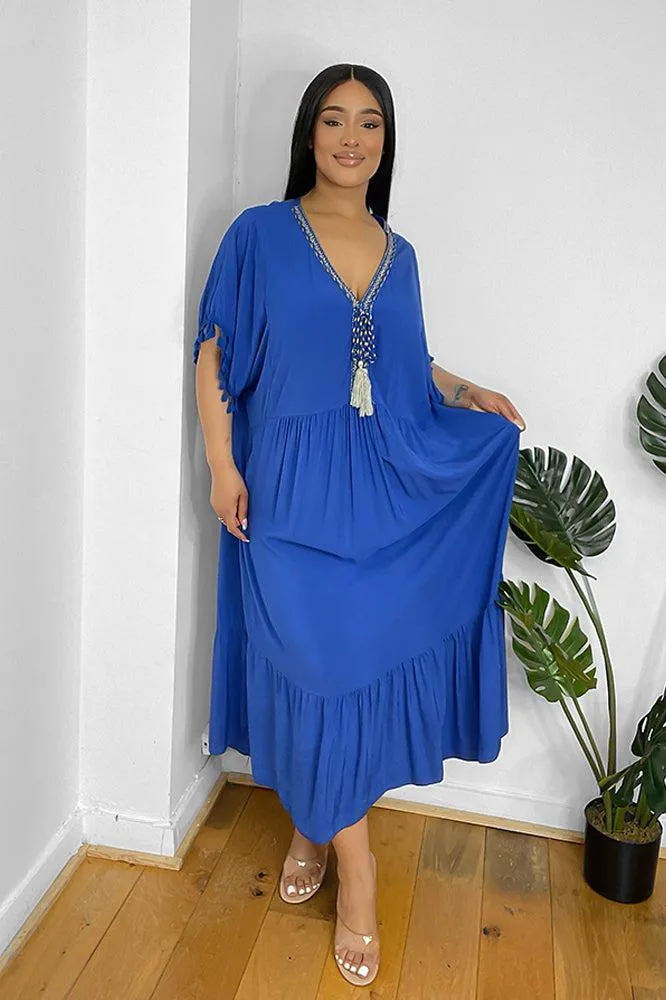Gold Braid Trim And Tassel Cotton Blend Summer Dress
