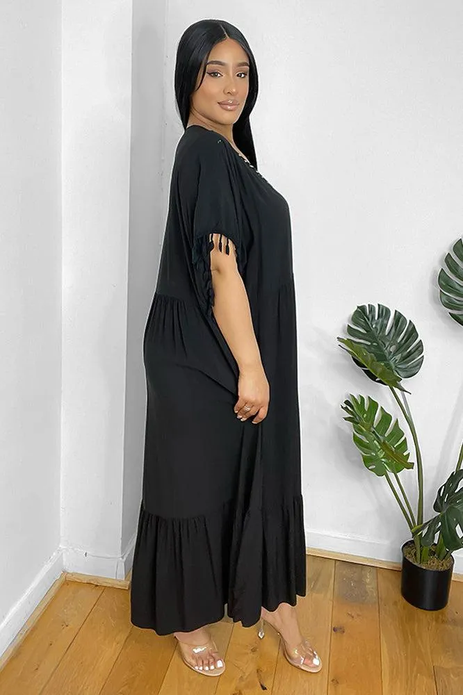 Gold Braid Trim And Tassel Cotton Blend Summer Dress