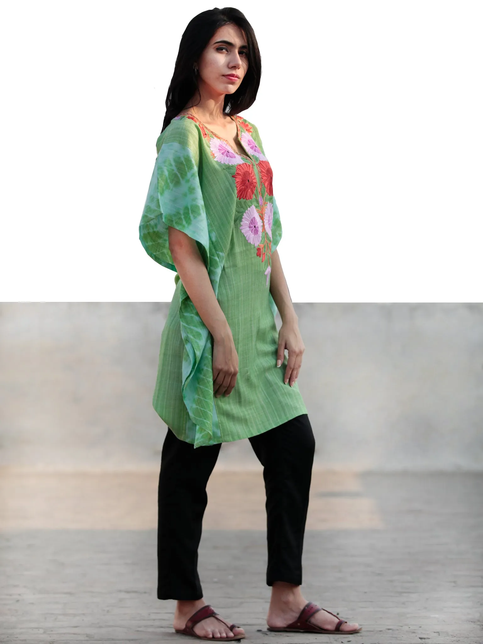 Green Lavender Red Orange Aari Embroidered Short Kashmere Kaftan  - K11K033