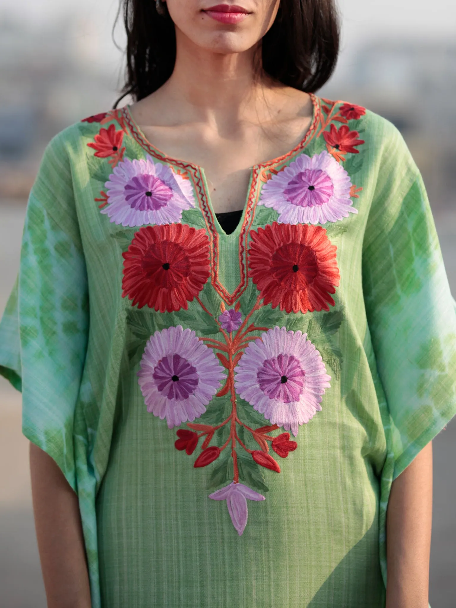 Green Lavender Red Orange Aari Embroidered Short Kashmere Kaftan  - K11K033