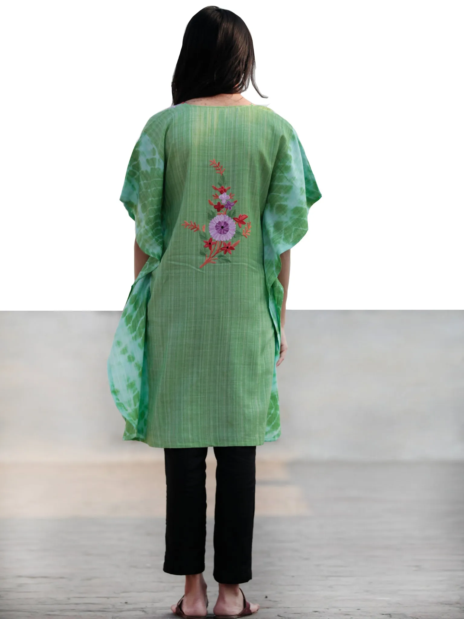 Green Lavender Red Orange Aari Embroidered Short Kashmere Kaftan  - K11K033