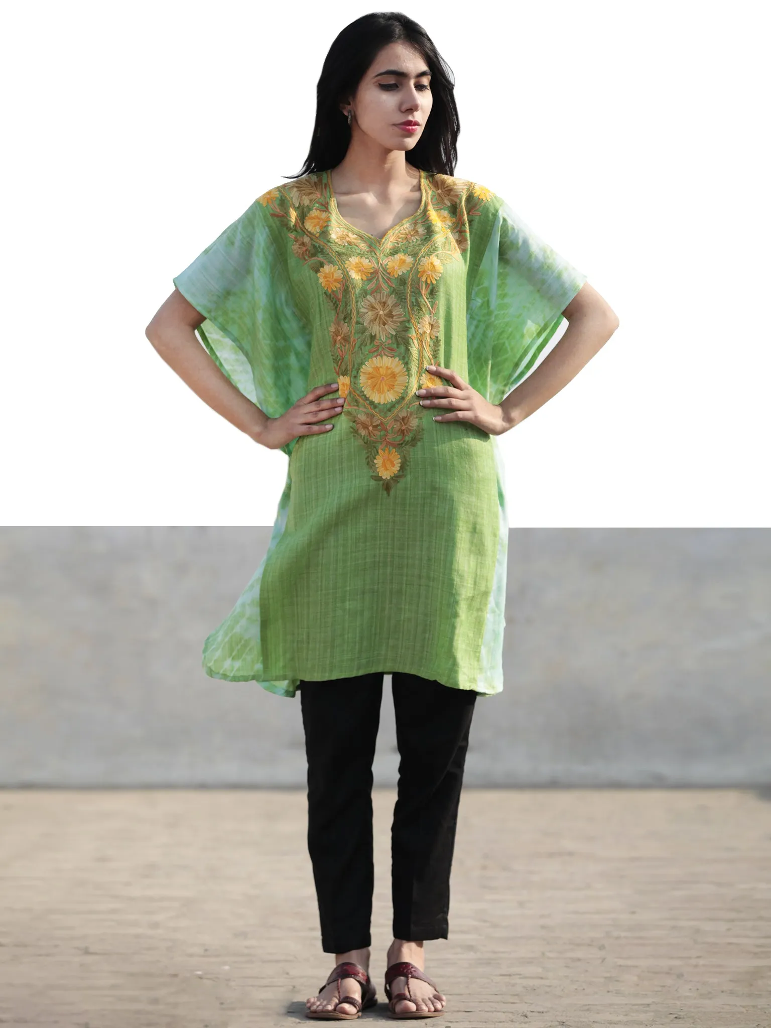 Green Yellow Beige Aari Embroidered Short Kashmere Kaftan  - K11K041