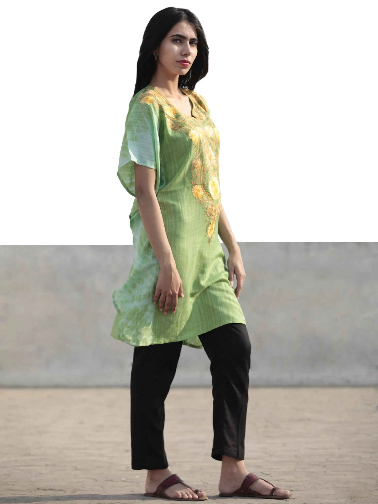 Green Yellow Beige Aari Embroidered Short Kashmere Kaftan  - K11K041
