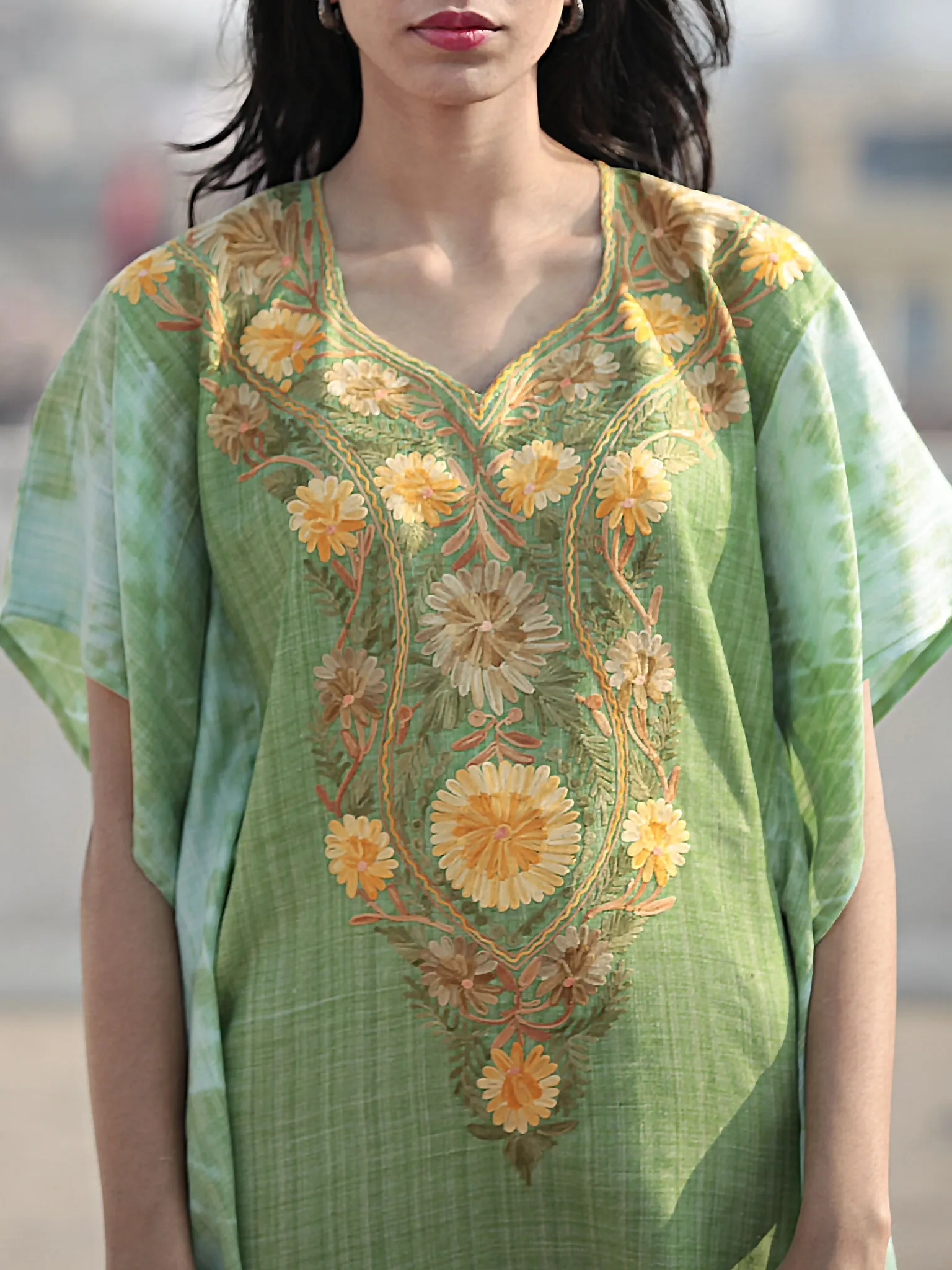 Green Yellow Beige Aari Embroidered Short Kashmere Kaftan  - K11K041