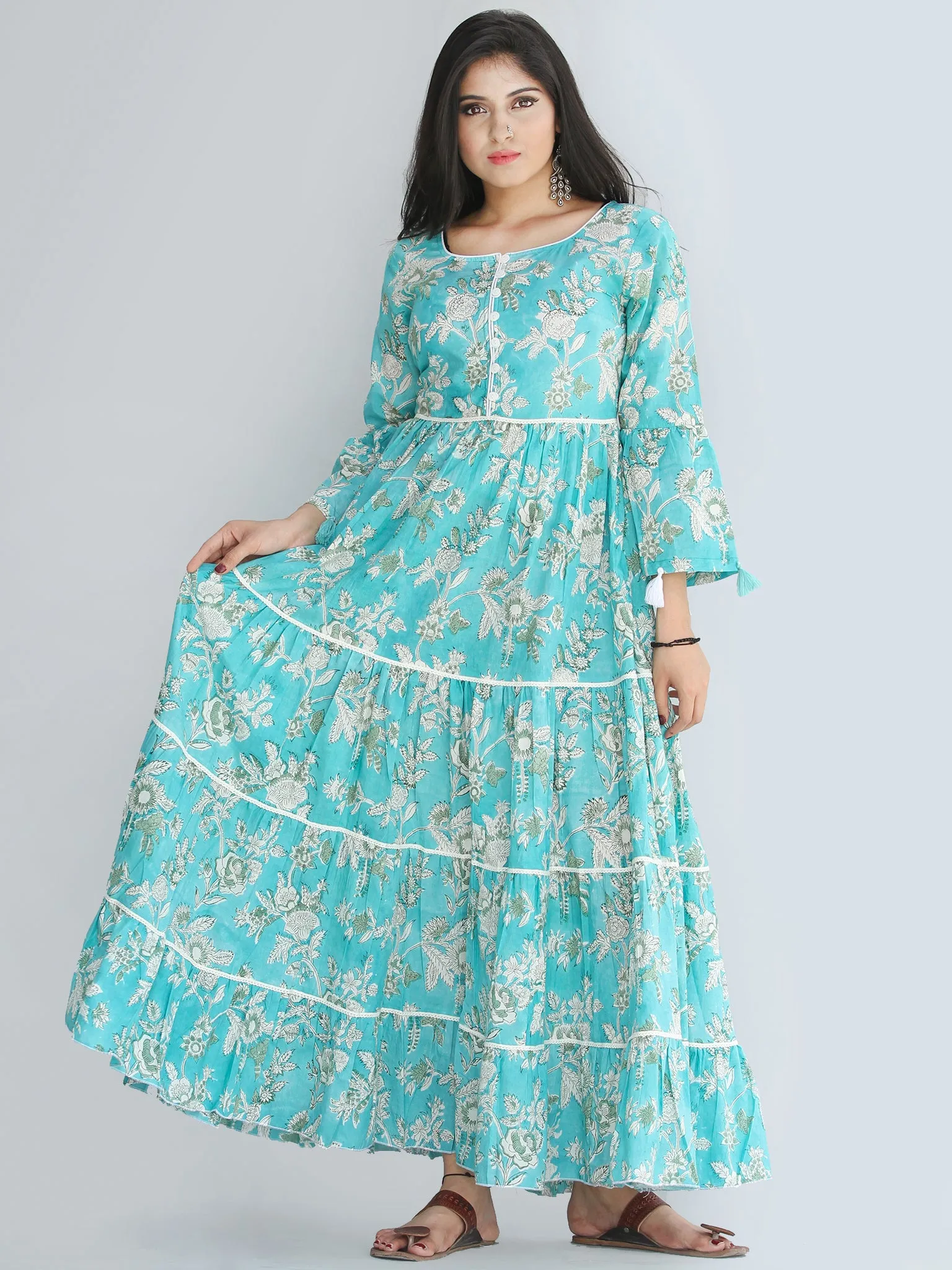 Gulzar Ruhma - Hand Block Printed Tiered Long Dress With Lace - D410F2030