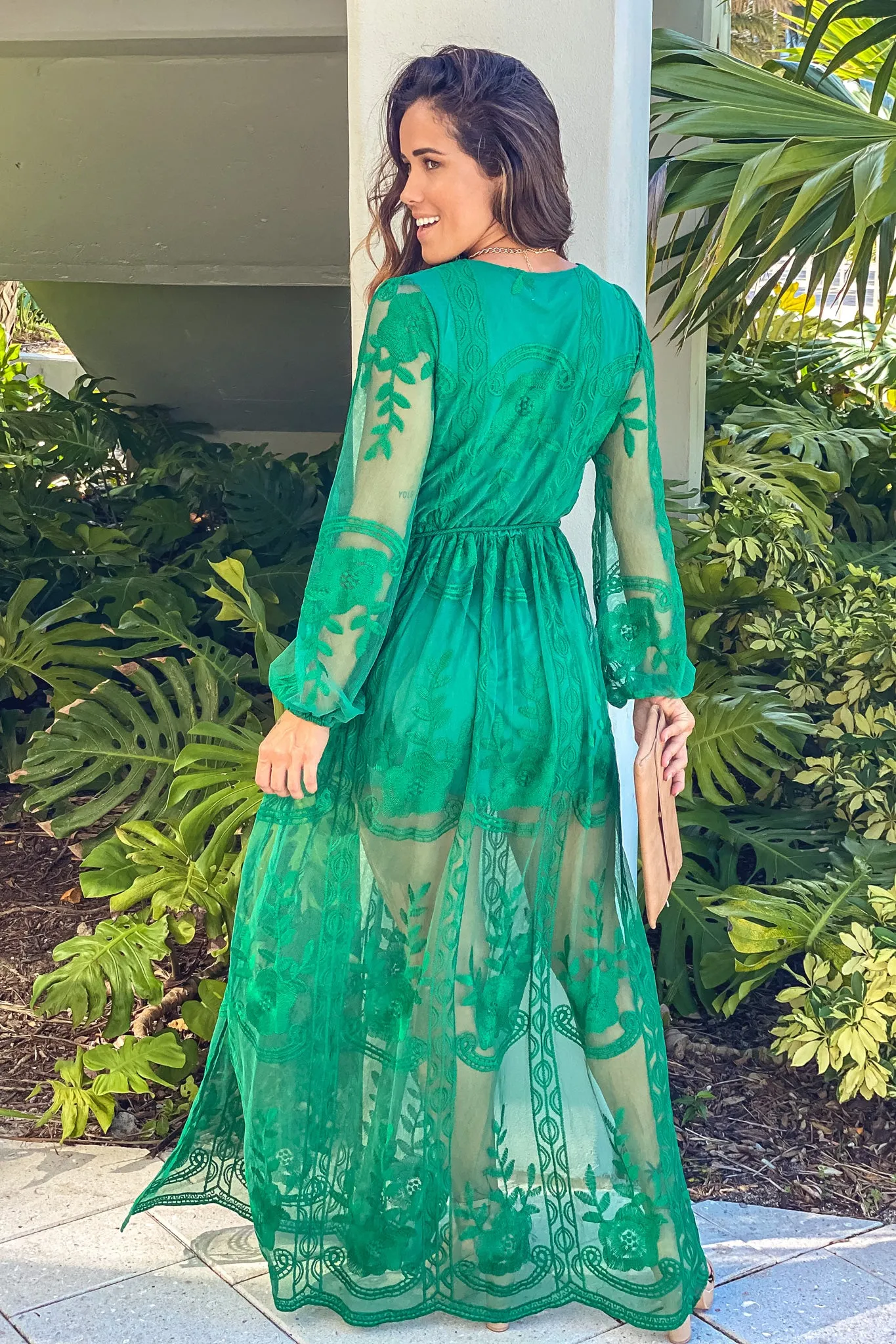 Hunter Green Lace Maxi Dress With Belt