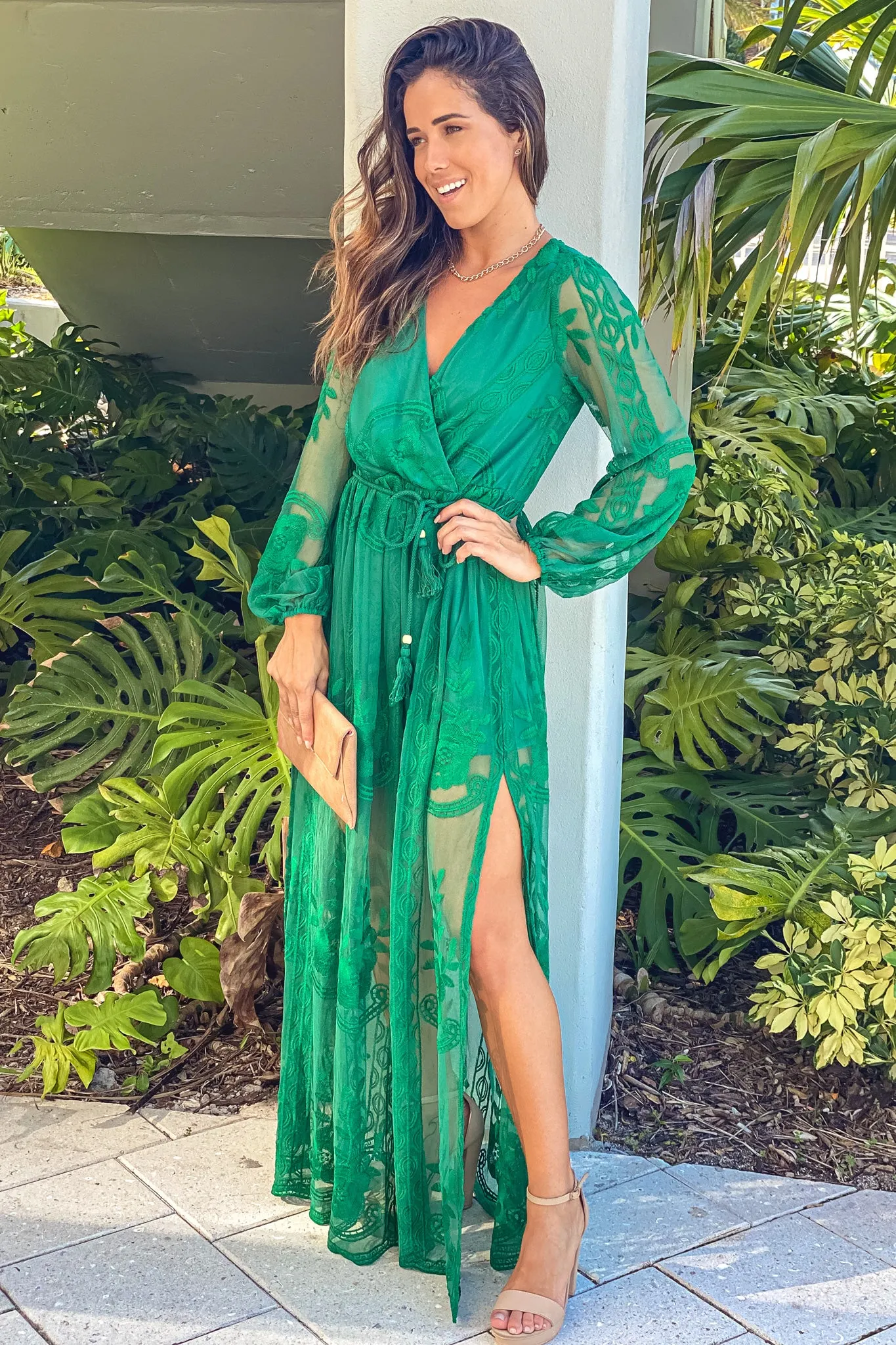 Hunter Green Lace Maxi Dress With Belt