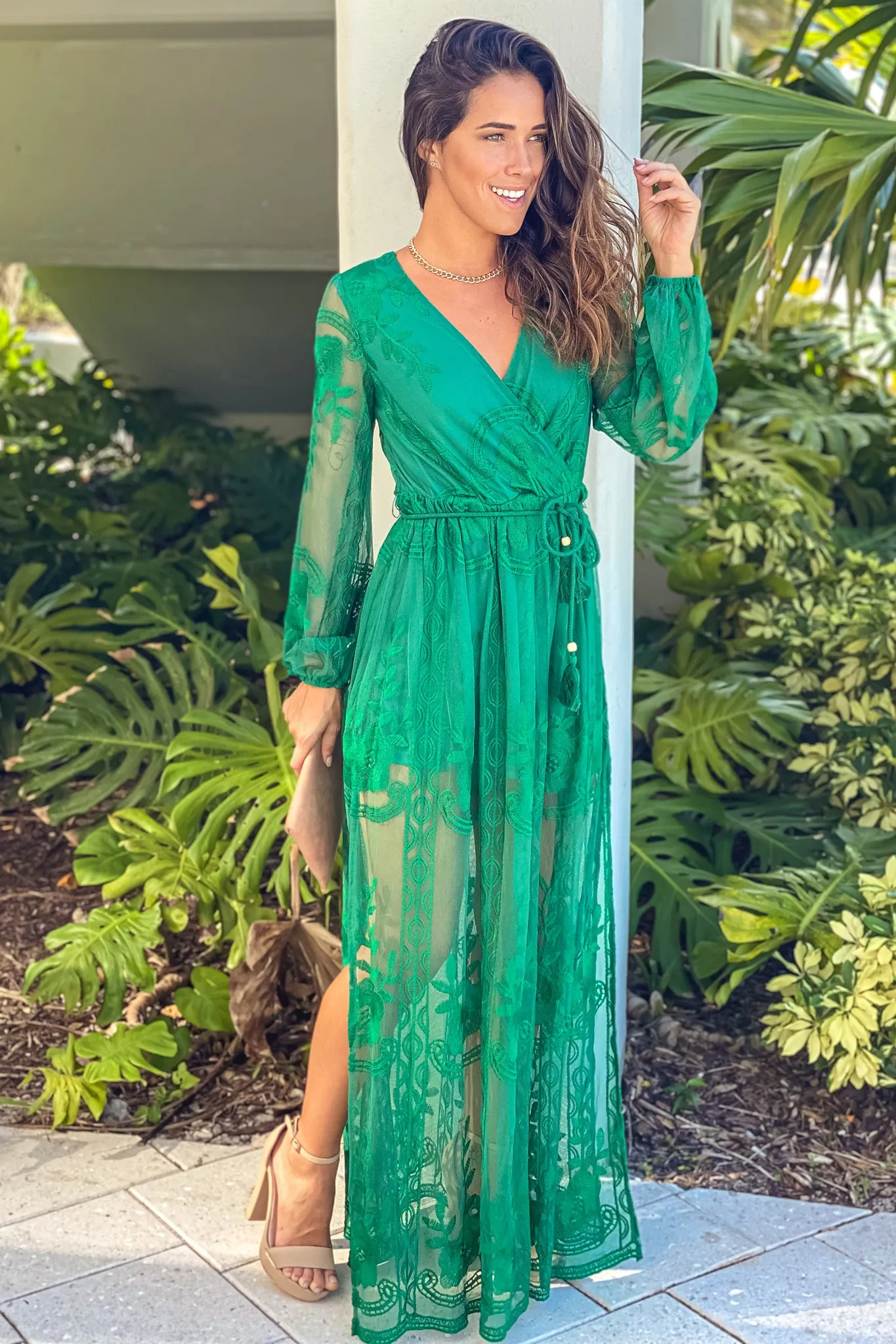 Hunter Green Lace Maxi Dress With Belt