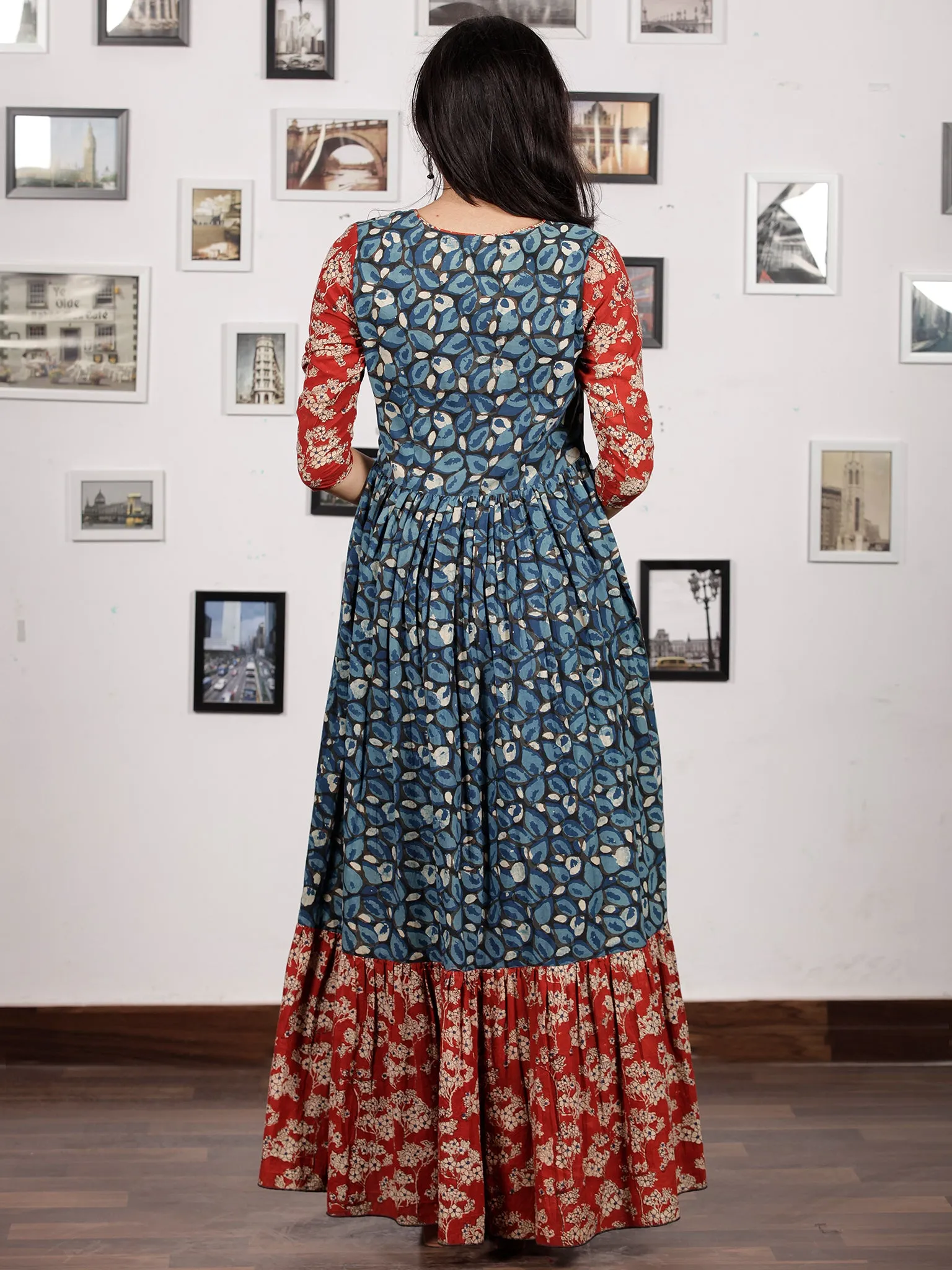 Indigo Black Red White Hand Block Printed Long Cotton Tier Dress - D220F1313