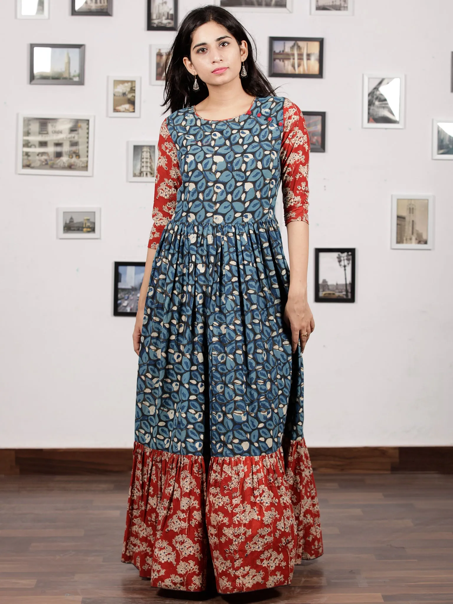 Indigo Black Red White Hand Block Printed Long Cotton Tier Dress - D220F1313