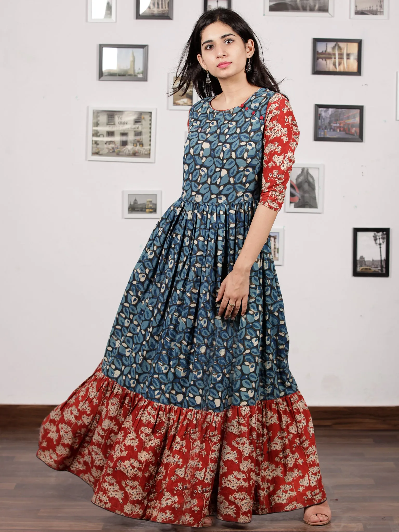 Indigo Black Red White Hand Block Printed Long Cotton Tier Dress - D220F1313