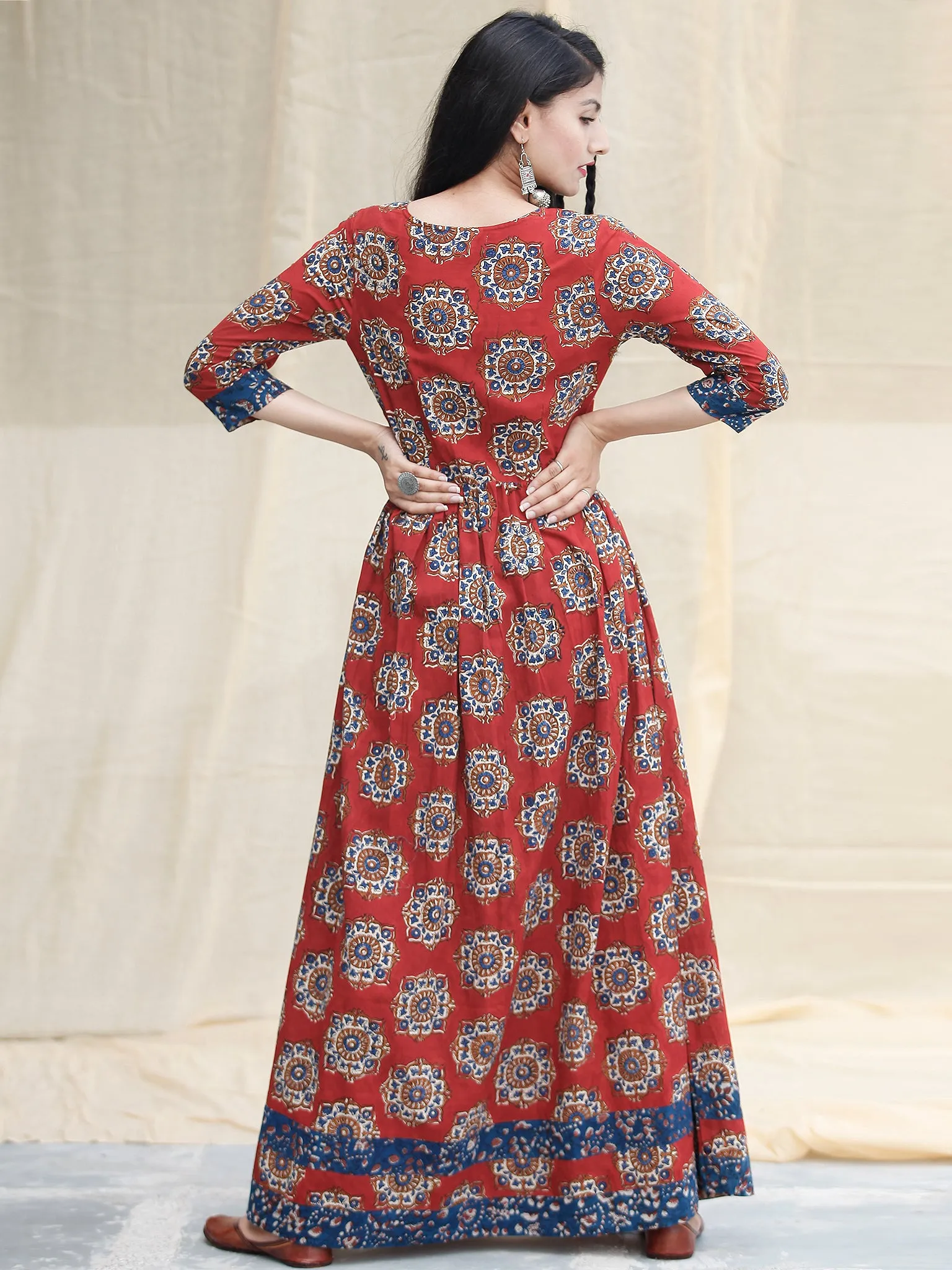 Indigo Red - Hand Block Printed Cotton Long Dress With Pockets  - D339F1825
