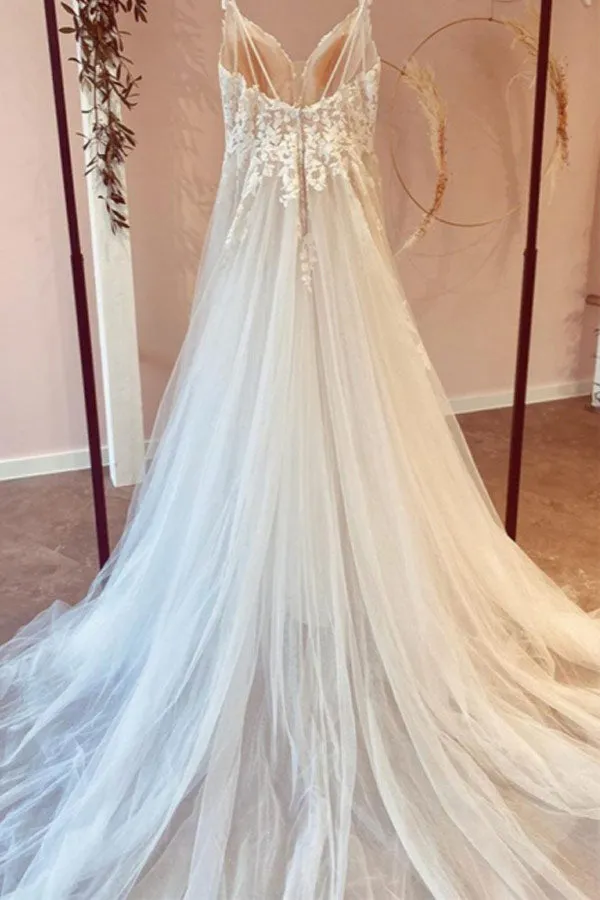 Ivory Tulle A-line Sleeveless Wedding Dress With Sweep Train
