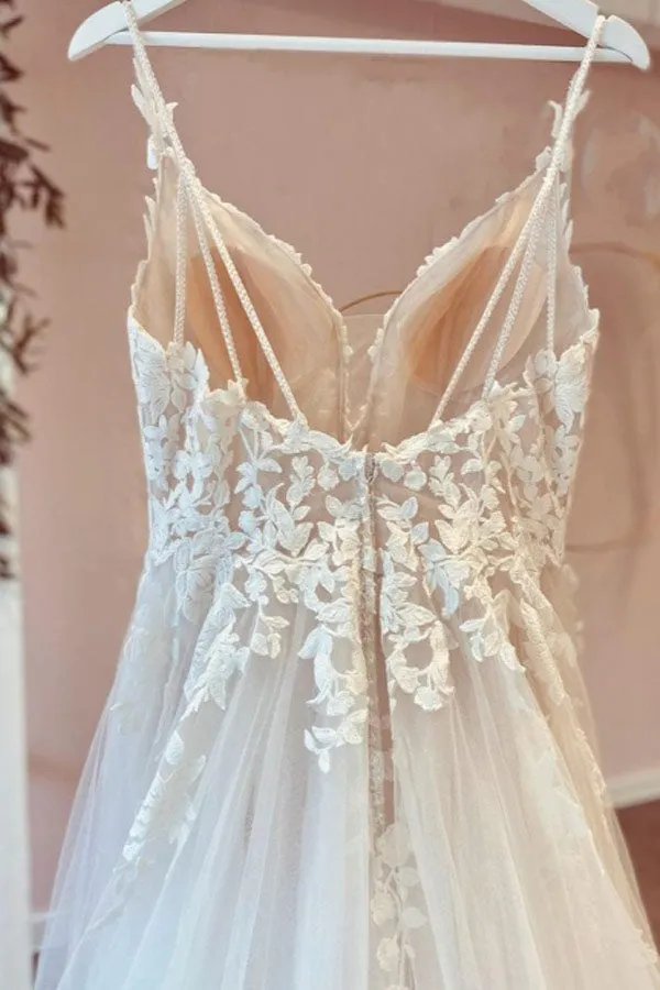 Ivory Tulle A-line Sleeveless Wedding Dress With Sweep Train