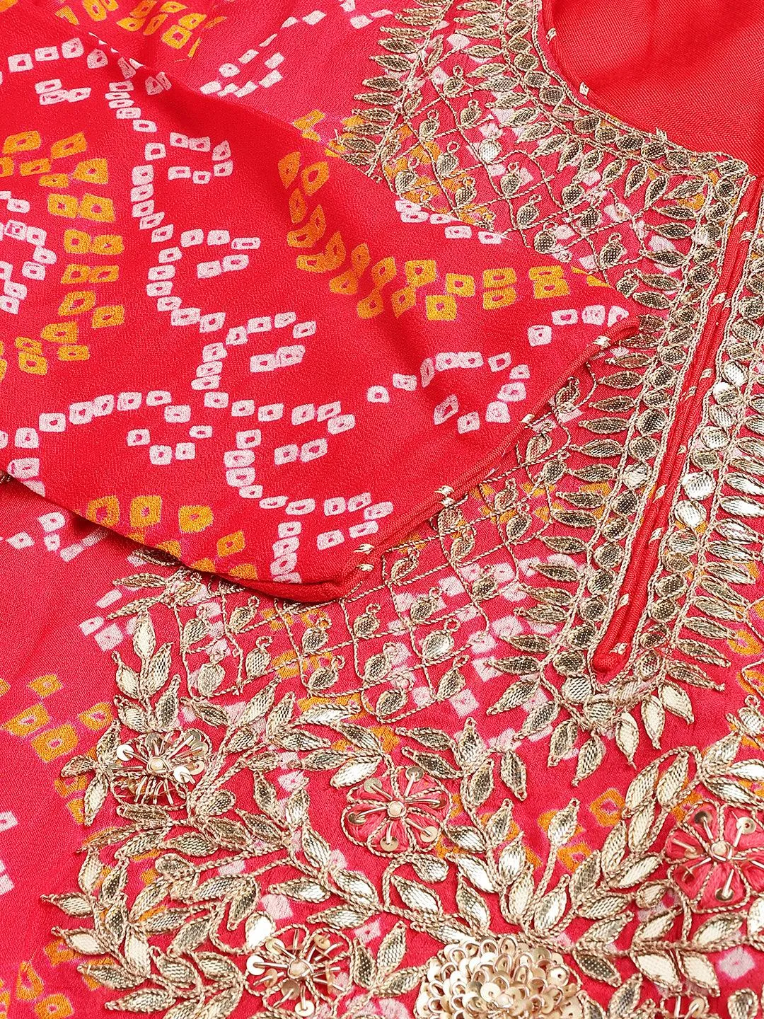 Jashvi Red Chinon Hand embroidery Kurta Sharara with chiffon dupatta