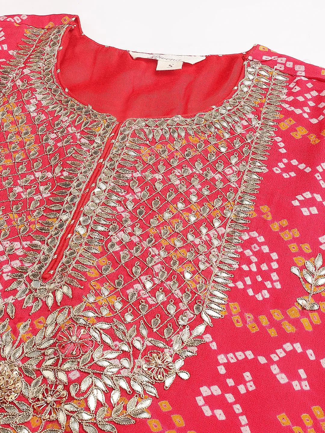 Jashvi Red Chinon Hand embroidery Kurta Sharara with chiffon dupatta