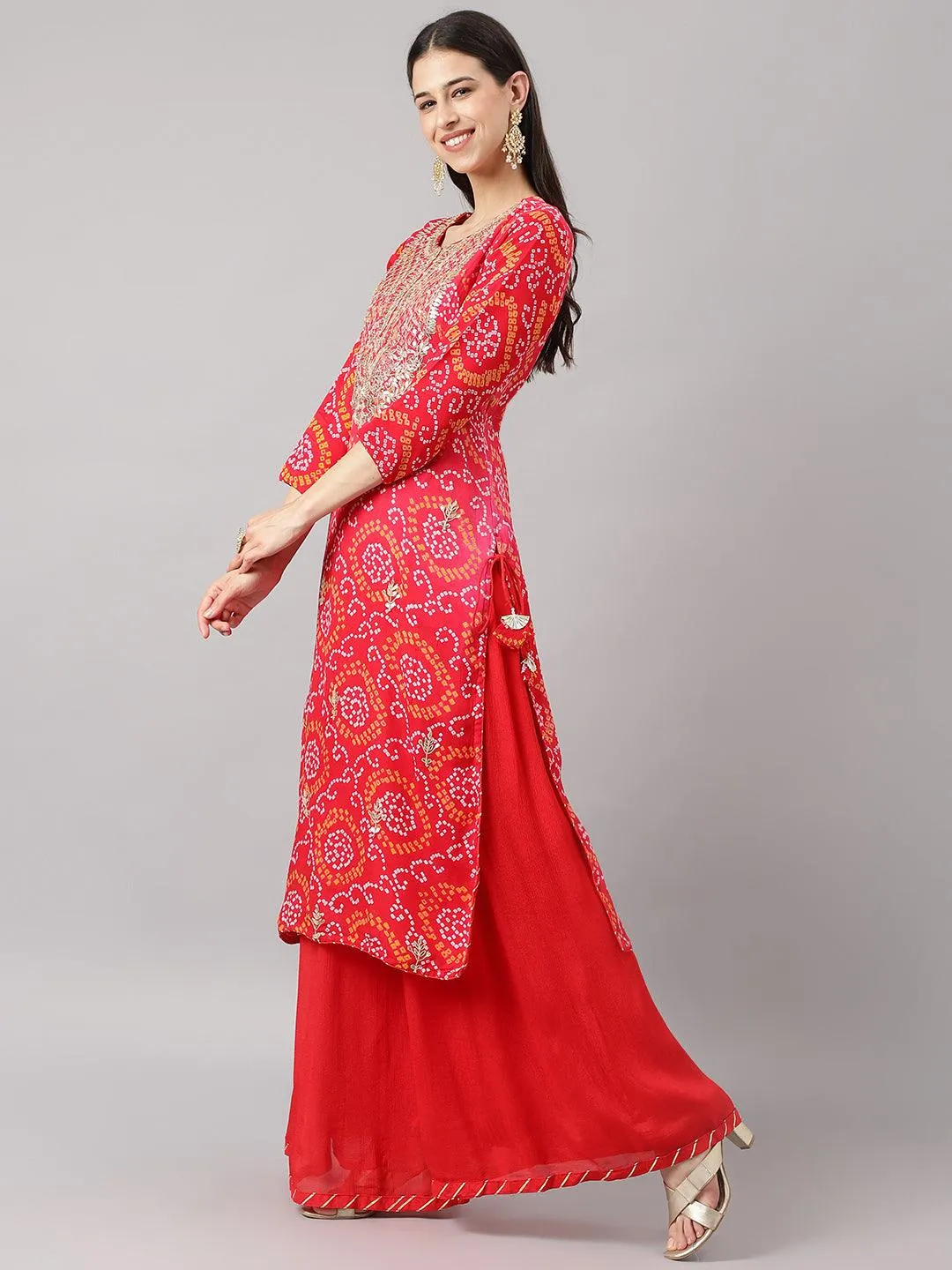Jashvi Red Chinon Hand embroidery Kurta Sharara with chiffon dupatta