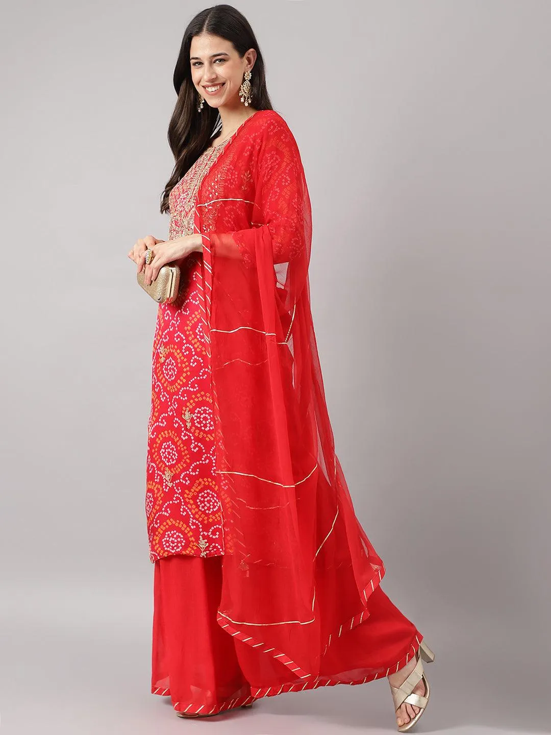 Jashvi Red Chinon Hand embroidery Kurta Sharara with chiffon dupatta