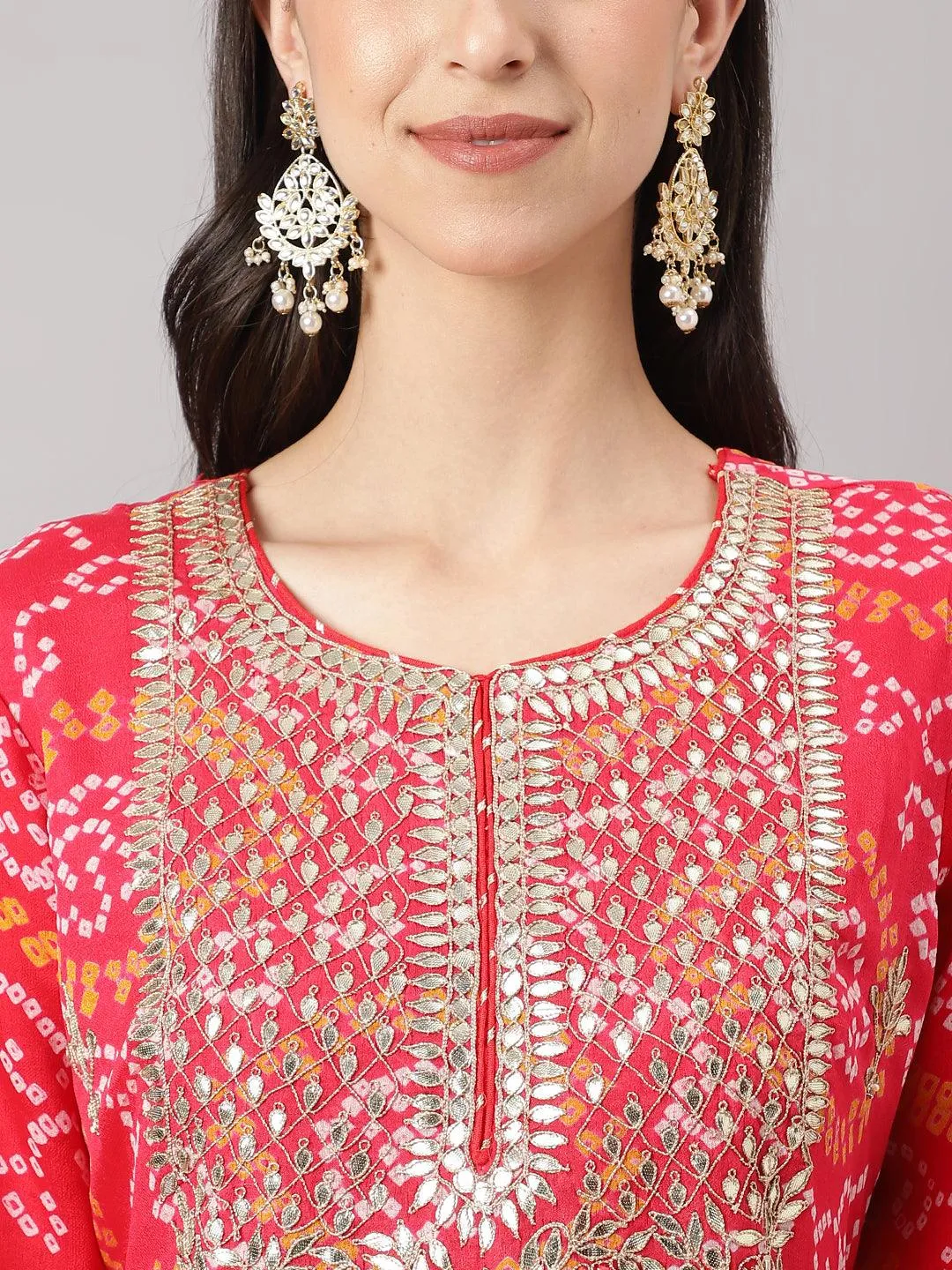 Jashvi Red Chinon Hand embroidery Kurta Sharara with chiffon dupatta
