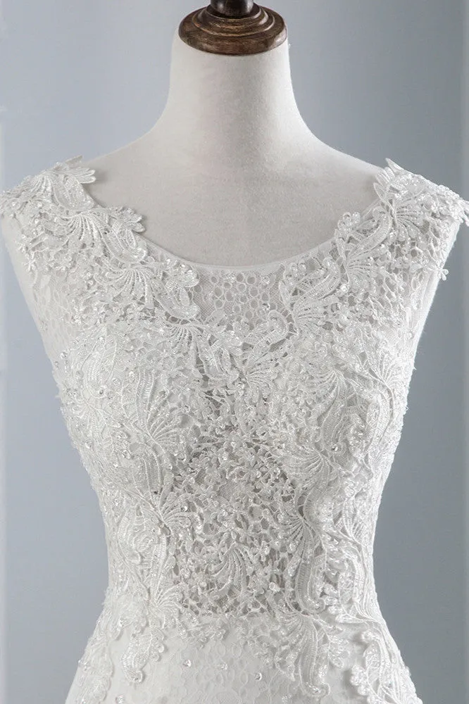 Jewel Neck Sleeveless Long Mermaid Wedding Dress with Tulle Lace Appliques