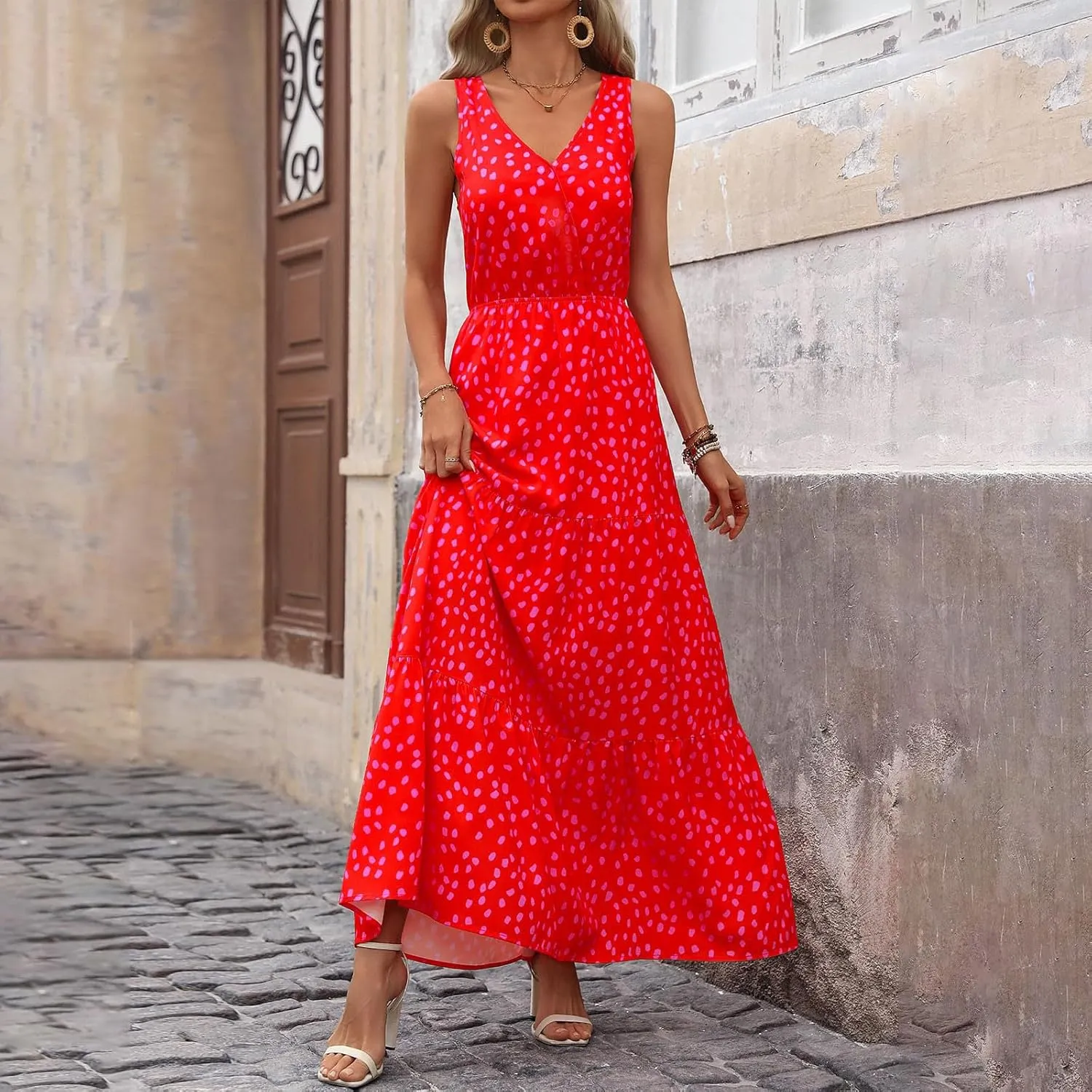 JJHAEVDY Womens Dresses V Neck High Waist Sundresses Floral Print Tiered Dresses Sleeveless Long Sundresses Summer Boho Dress