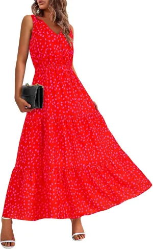 JJHAEVDY Womens Dresses V Neck High Waist Sundresses Floral Print Tiered Dresses Sleeveless Long Sundresses Summer Boho Dress