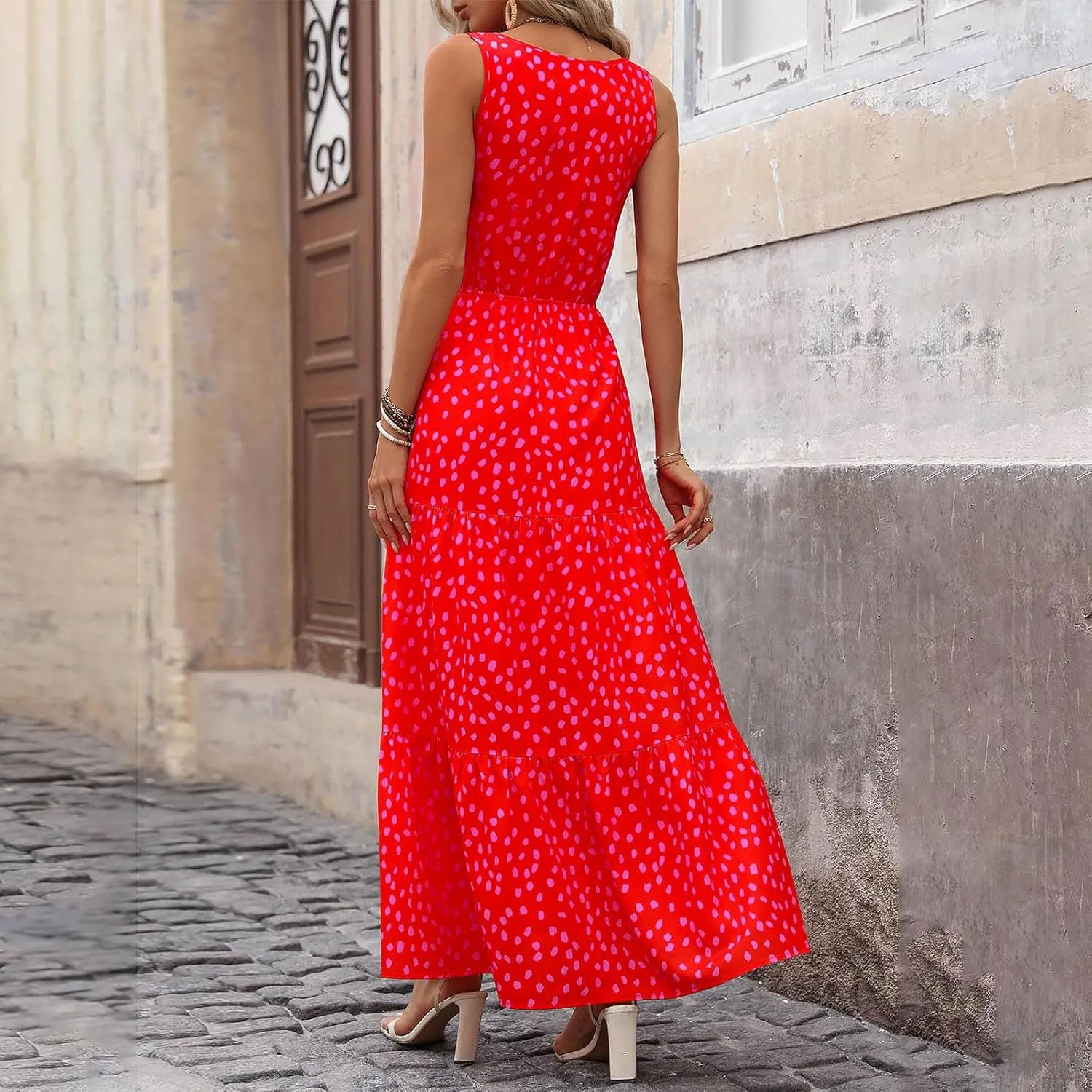 JJHAEVDY Womens Dresses V Neck High Waist Sundresses Floral Print Tiered Dresses Sleeveless Long Sundresses Summer Boho Dress