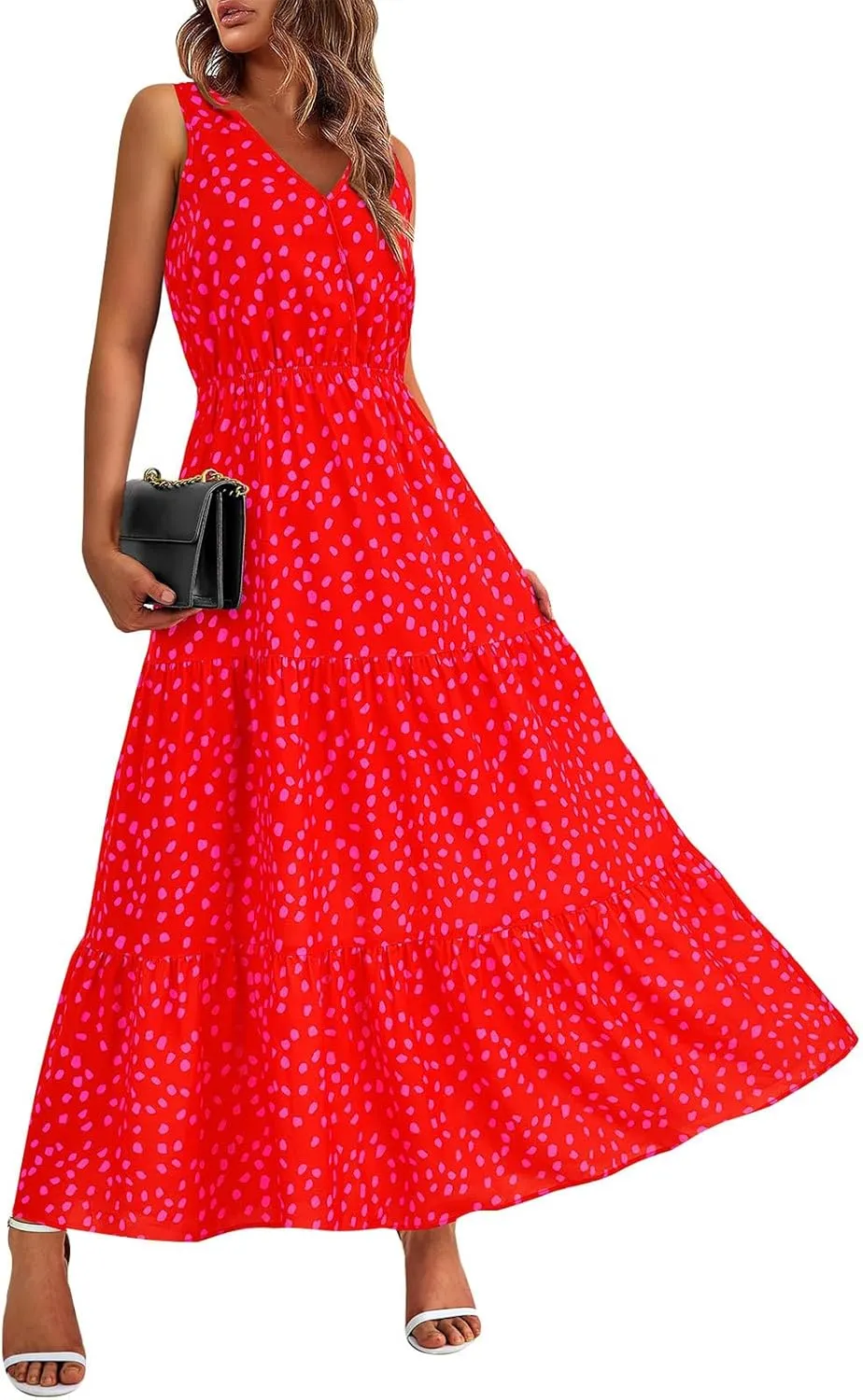 JJHAEVDY Womens Dresses V Neck High Waist Sundresses Floral Print Tiered Dresses Sleeveless Long Sundresses Summer Boho Dress