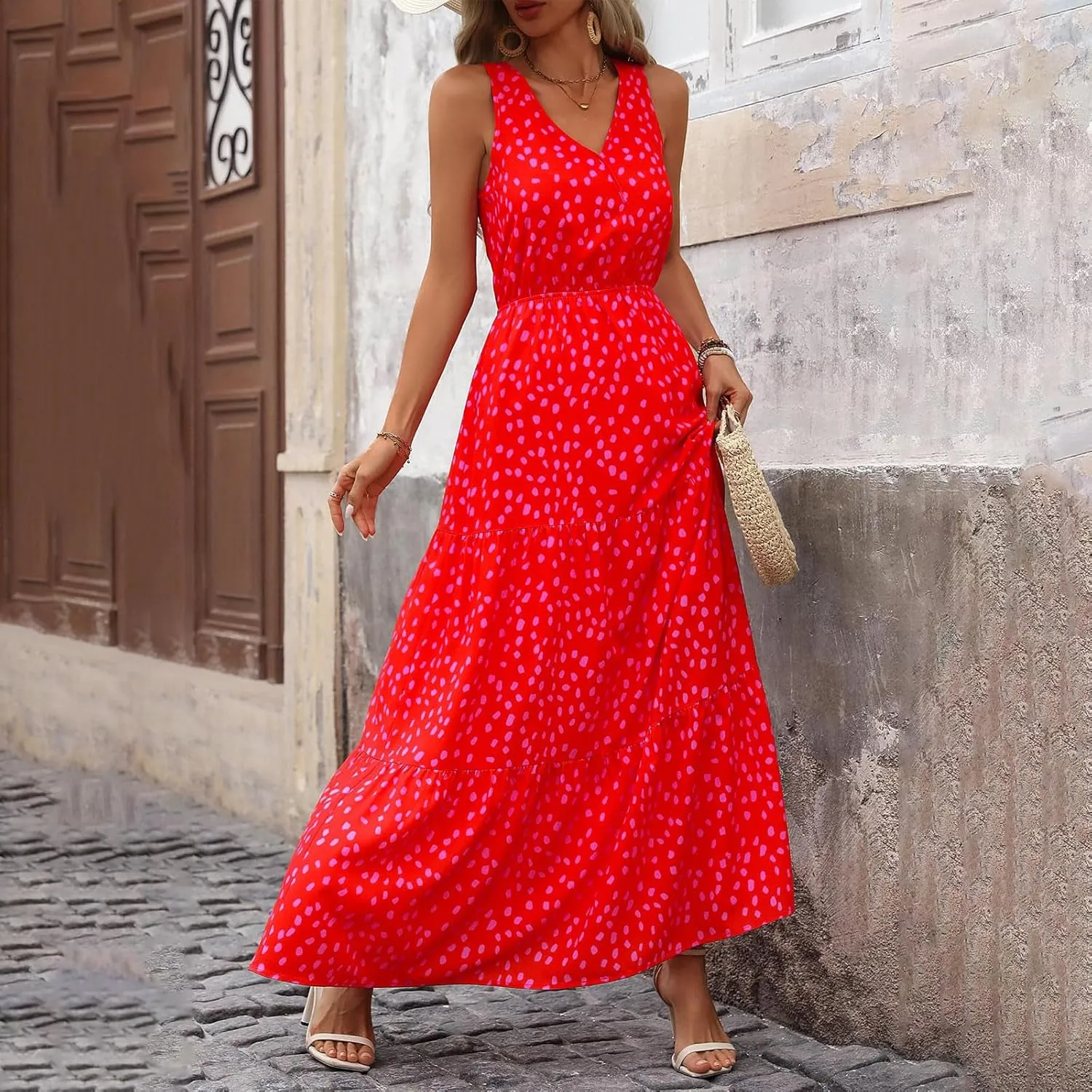 JJHAEVDY Womens Dresses V Neck High Waist Sundresses Floral Print Tiered Dresses Sleeveless Long Sundresses Summer Boho Dress